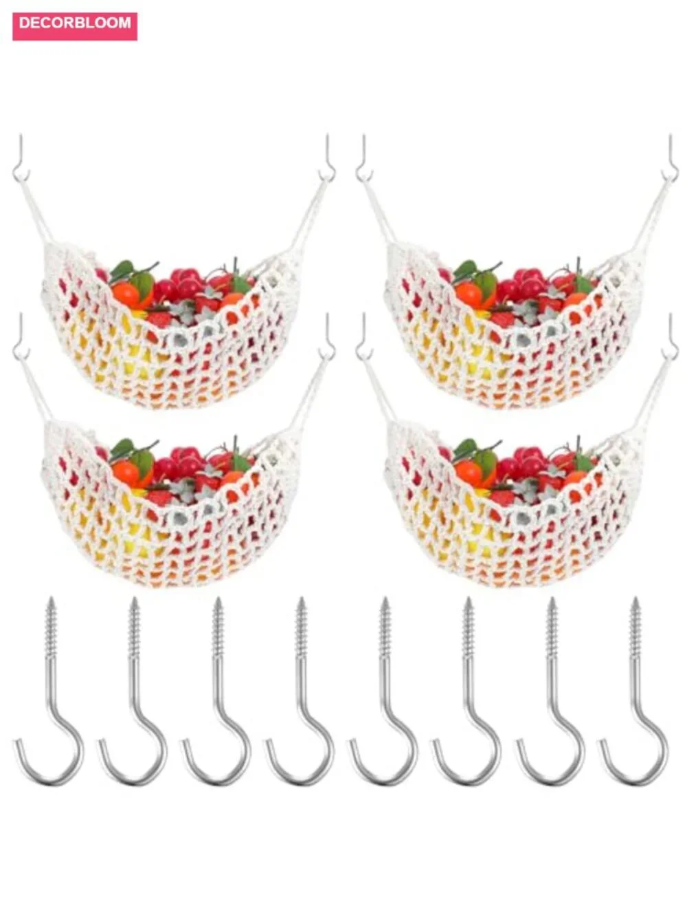 Large Macrame Fruit Hammock Hanging Basket 4 Pack Kitchen Food Storage